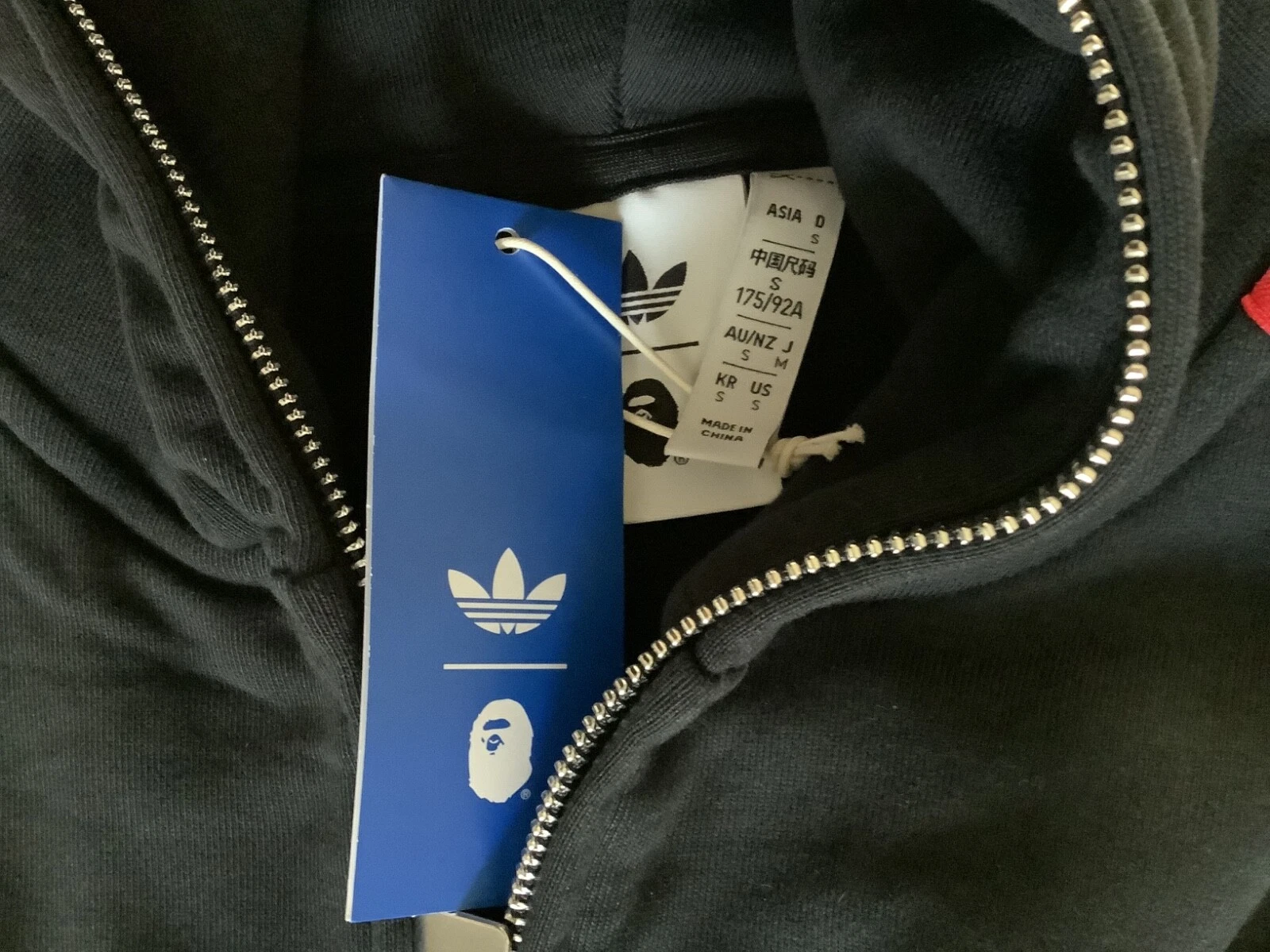 A BATHING APE (BAPE) Autentica felpa con cappuccio full zip a bathing ape bape x adidas shark US S JP M nera nuova