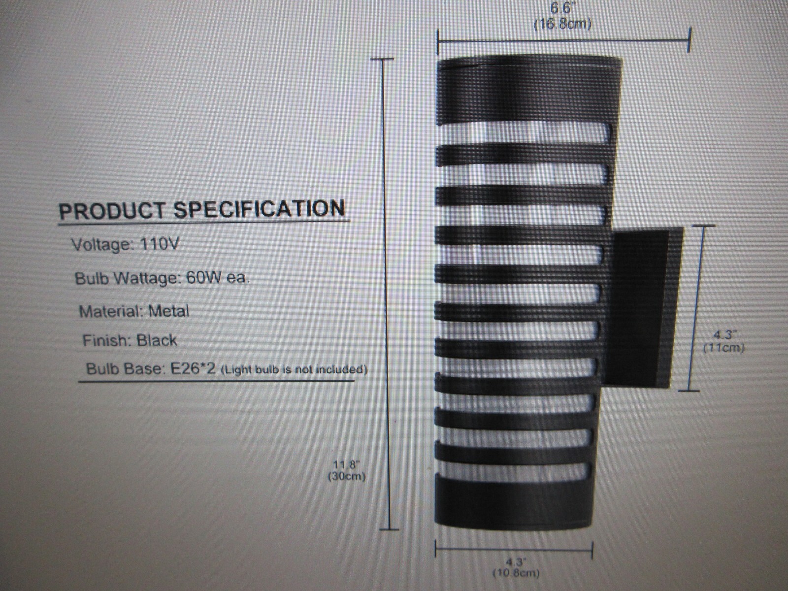 YANSUN 12 in. 2-Light Black Outdoor Sconce Lights Cylinder Porch Light