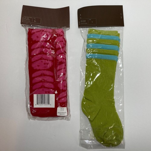 Matilda Jane sz L Cotton Pima Spandex Pink Green Striped Flower Socks 2 Pair - Picture 3 of 5
