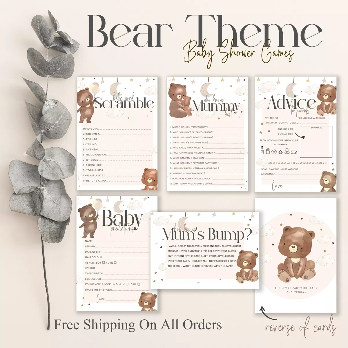 BABY SHOWER GAMES-Cute Teddy Bear Unisex Favours Predictions Bump Game  Advice