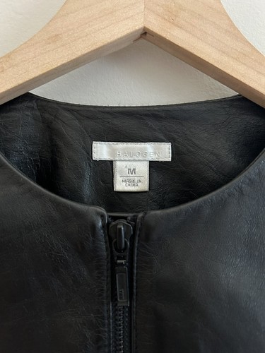 Halogen Collarless Full Zip Black Leather Jacket Bomber Women's Size Medium M - Picture 5 of 6