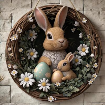 Wooden Easter Bunny Egg Wreath Porch Holiday Decorative Hangings