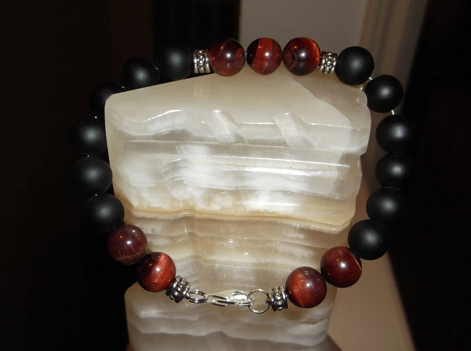 PULSERA HOMBRE HECHA A MANO 8 1/2" 10 MM ÁGATA NEGRA MATE Y OJO DE TIGRE ROJO CUENTAS Foto 3 de 4