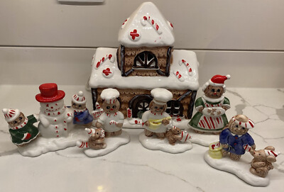 Vintage Lighted Ginger Bread House Santa Chalet W/Figurines Boy Girl Family RARE