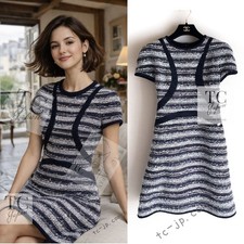 CHANEL 13S Navy White Stripe Cotton Summer Tweed Dress Karl Keira 44 US12