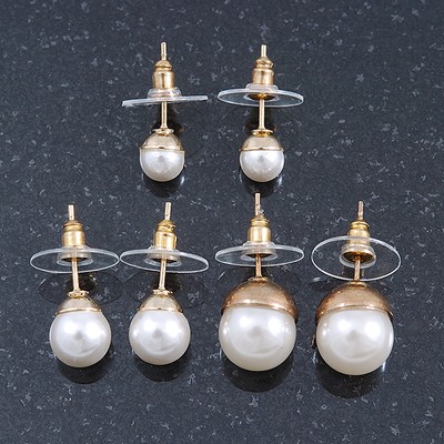 3 Pairs Of White Faux Glass Pearl Stud Earrings (10mm, 8mm, 6mm) In Gold Tone