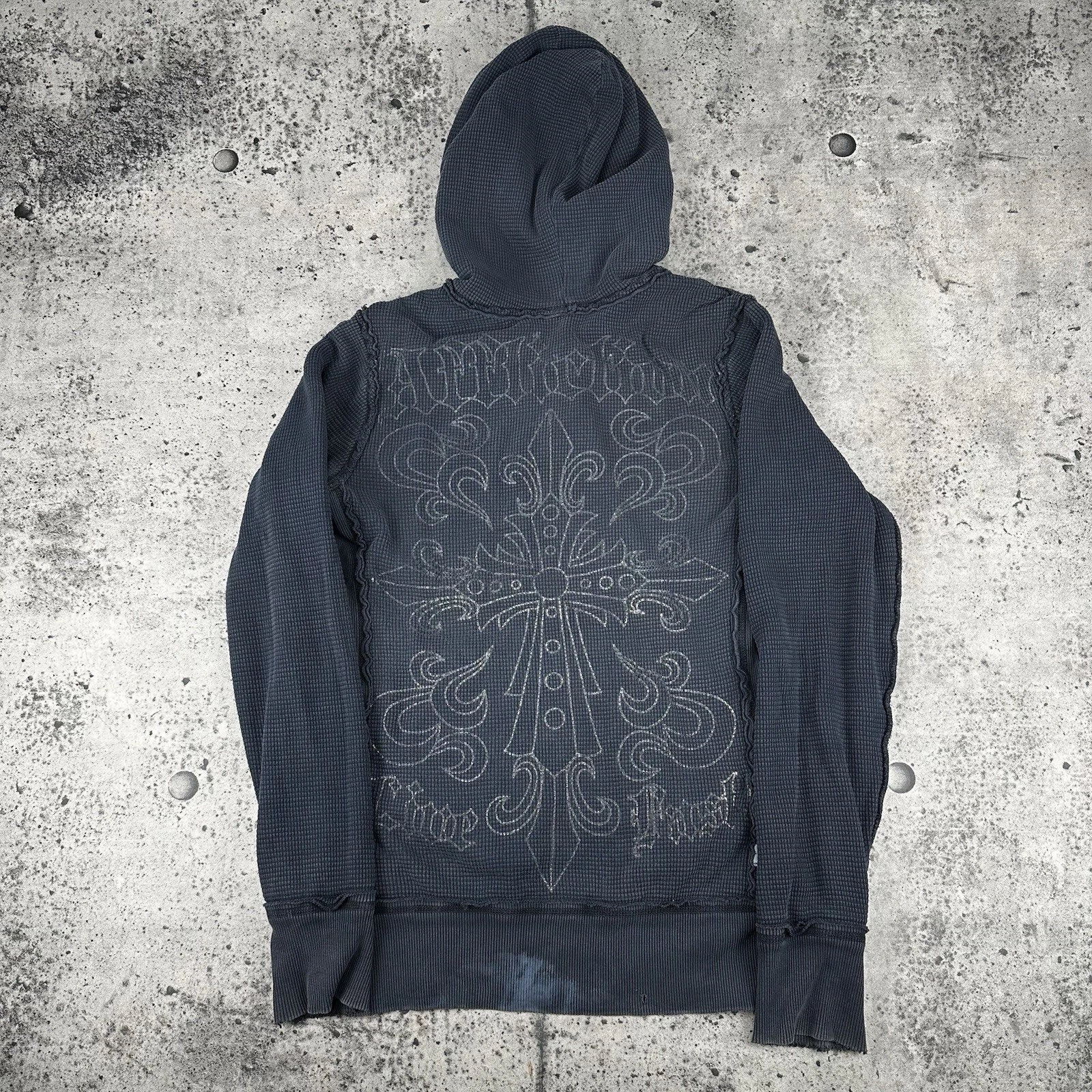 Y2K Affliction Double Sided Hoodie Chrome Hearts Style Small Thermal Blue
