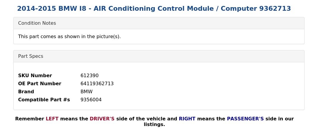 2014-2015 BMW I8 - AIR Conditioning Control Module / Computer 9362713