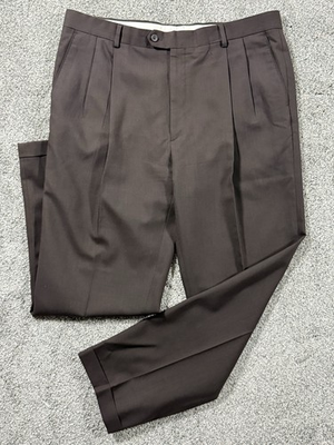 #ad Pronto Uomo Mens 38x29 Brown 100% Wool Pleated Dress Pants Cuffed $24.99