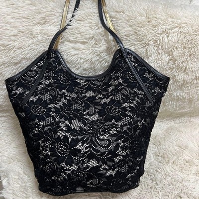 ANNA SUI Tote bag, floral embroidery, black, can be worn over the shoulder
