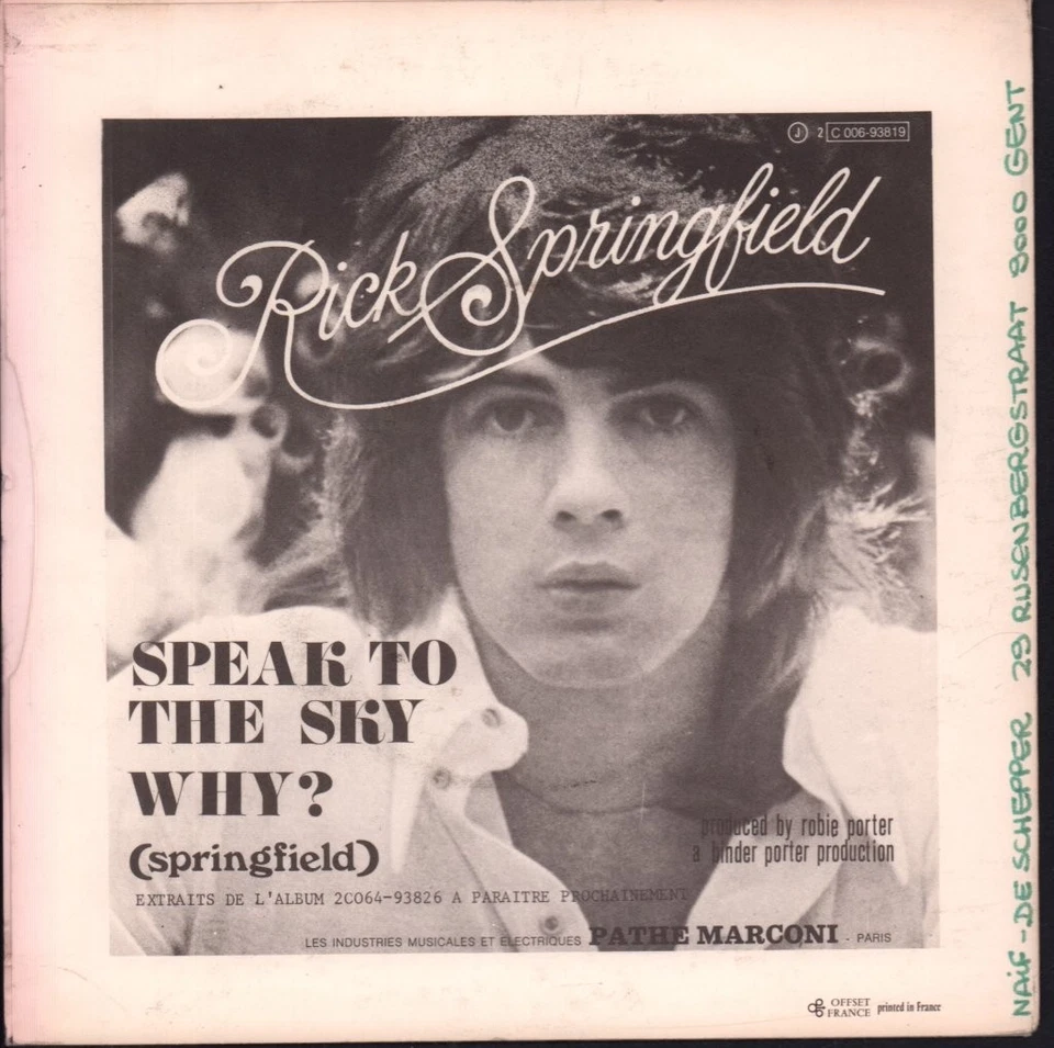 Rick Springfield Speak To The Sky 7" Vinyle France Capitol 1972 Pic Sleeve - Photo 2/3