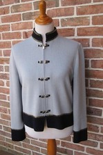St John Collection Jacket Light blue Navy Gold Trim Zip Front Logo Buttons Sz 8