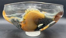 Art Glass Studio Large Bowl Centerpiece Black Gold Glitter Clear Asymmetrical