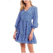 Eliza J Women’s Sz 4 Blue Mini Dress Floral Surplice Neck Long Sleeve Fit Flare
