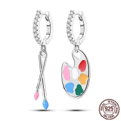 Artist Palette Paint Brush Dangle Earrings Sterling Silver CZ Jewelry