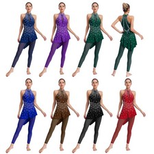 Women Dancewear Latin Romper Clothing Jumpsuit Salsa Costume Shiny Mock Neck