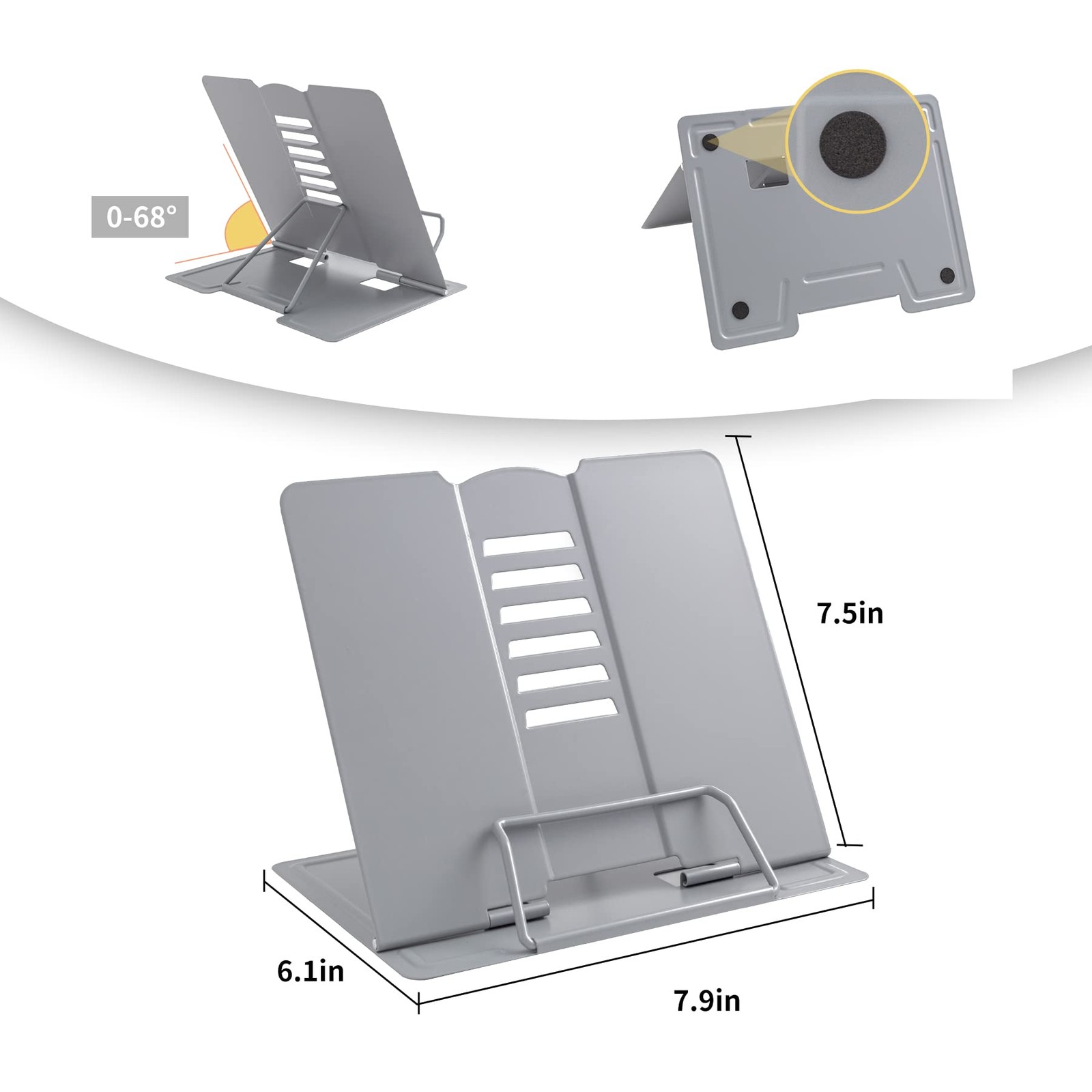 Metal Book Stand Adjustable Reading Holder for Cookbooks Textbooks Grey