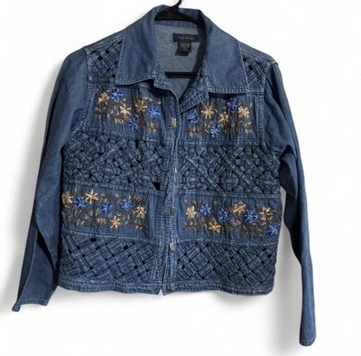 Life Style Blue Denim Embroidered Weaved Floral Jacket Collared Women P/S