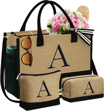 Mothers Day Gifts - Initial Jute Tote Bag  2 Makeup Bags Personalized Gifts for