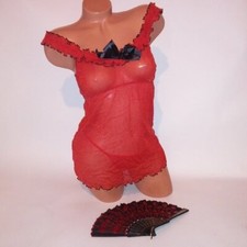 Dreamgirl Lingerie Set Babydoll Panty & Fan One Size 90-160 lbs Red Black Glitte
