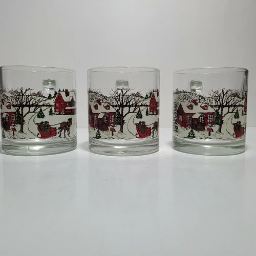(3) Vtg Libbey Christmas Winter Village Snow Scene Glass 12 oz Mugs Great Set!