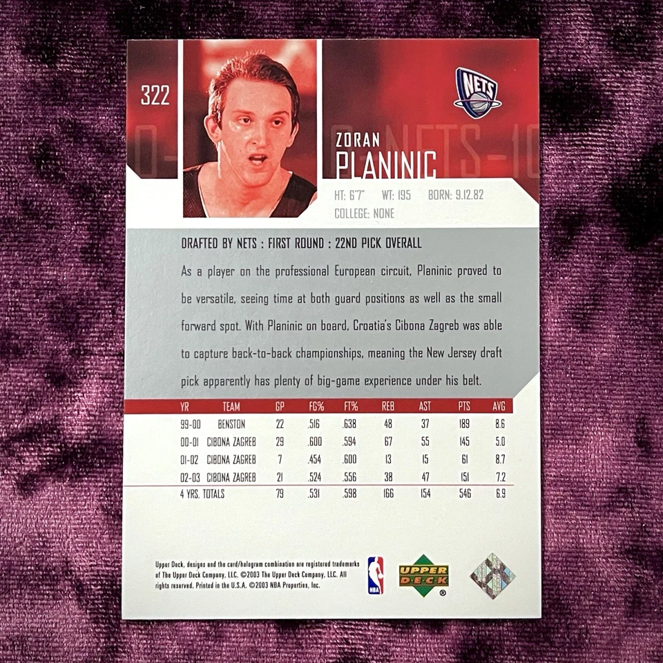 Zoran Planicic 2003 Upper Deck RC #322 MINT Croatia Legends Nets Rookie Jersey💙 - Image 2 of 2