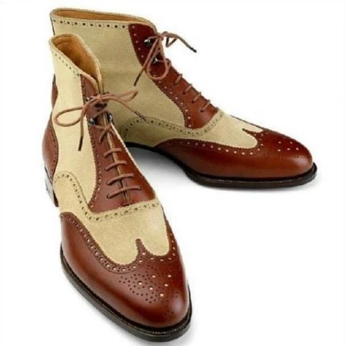 Handmade Men Wing Tip Ankle High Boots Two Tone Leather brogue dress Boots - Image 2 of 4