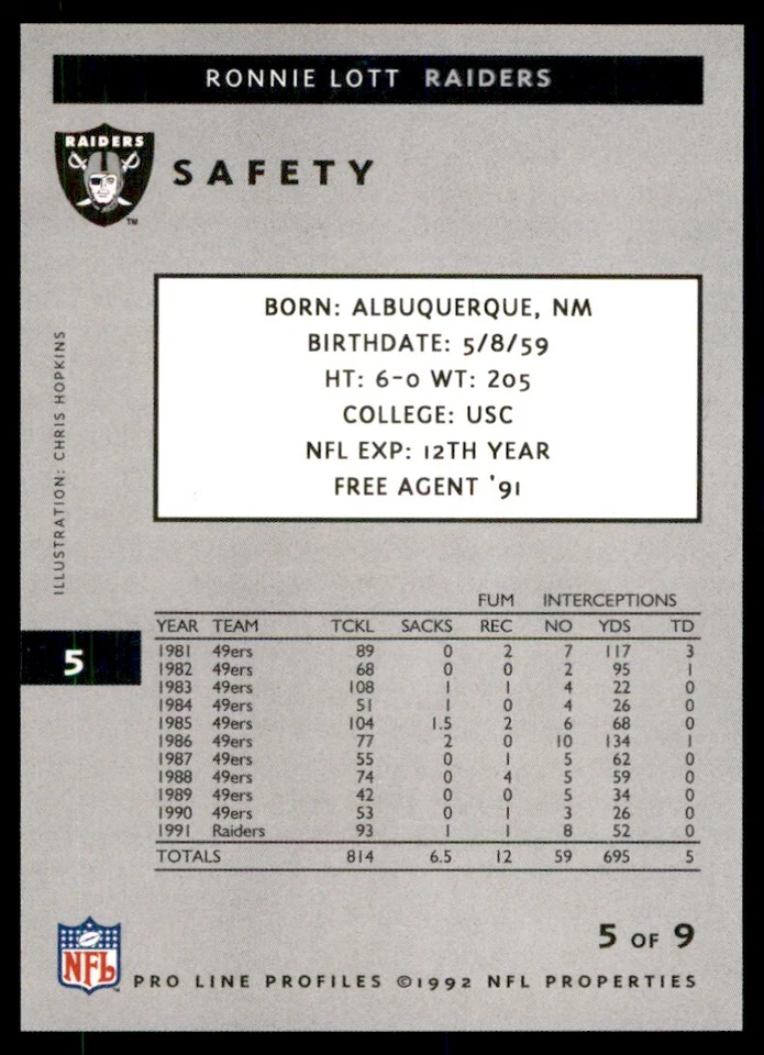 1992 PRO LINE RONNIE LOTT LOS ANGELES RAIDERS #5 - Image 2 of 2