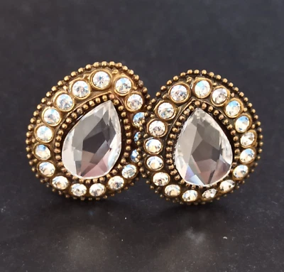 Michal Negrin Clip Earrings Clear Crystal Vintage Brass Teardrop Statement Spark - Image 1 of 4