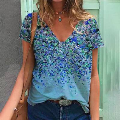 Damen Blumen Kurzarm T-Shirt V-Neck Bluse Freizeit Hemd Sommer Oberteile Tunika