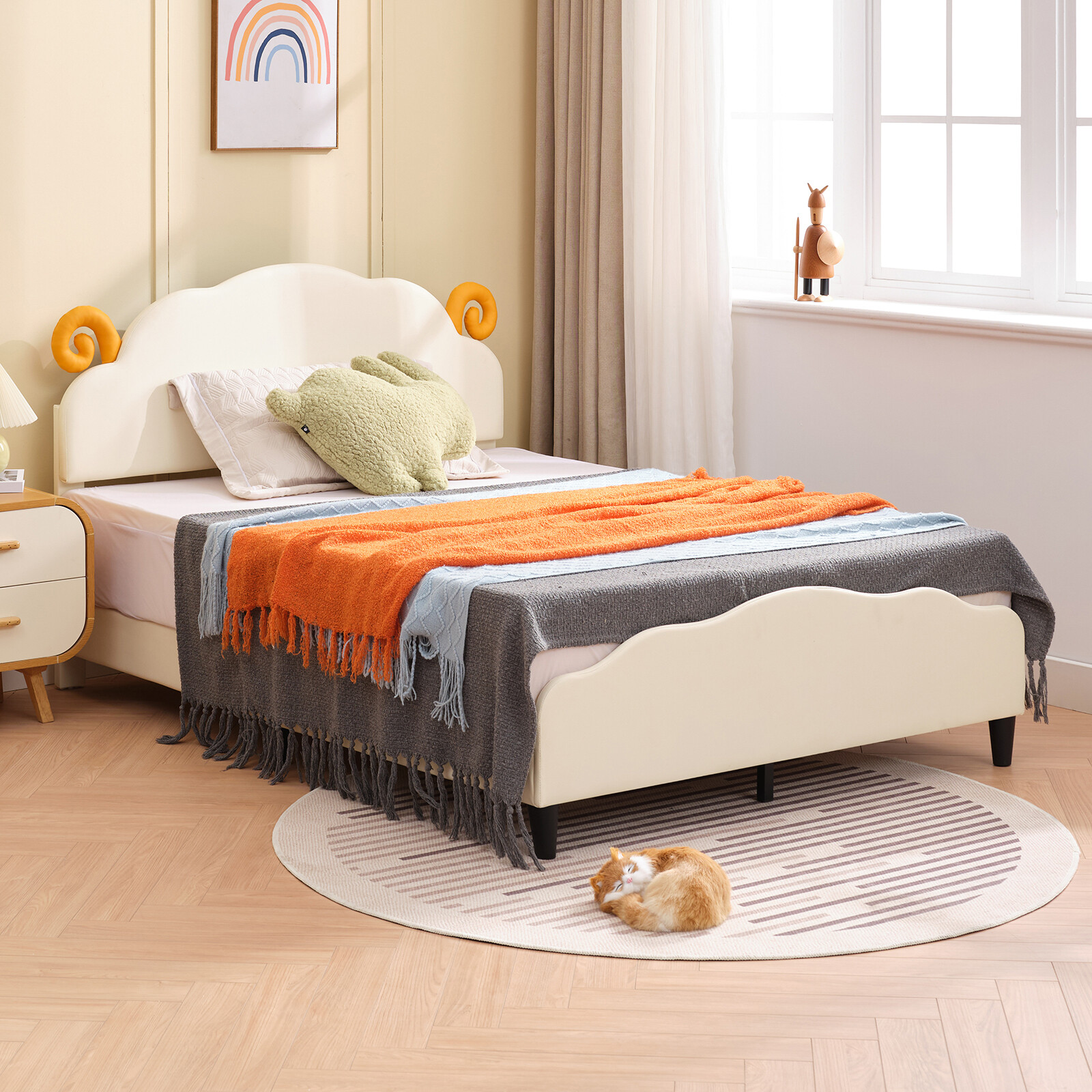 Twin/Full Bed Frame for Kids, Childs Bed Upholstered Headboard and Cute Shape