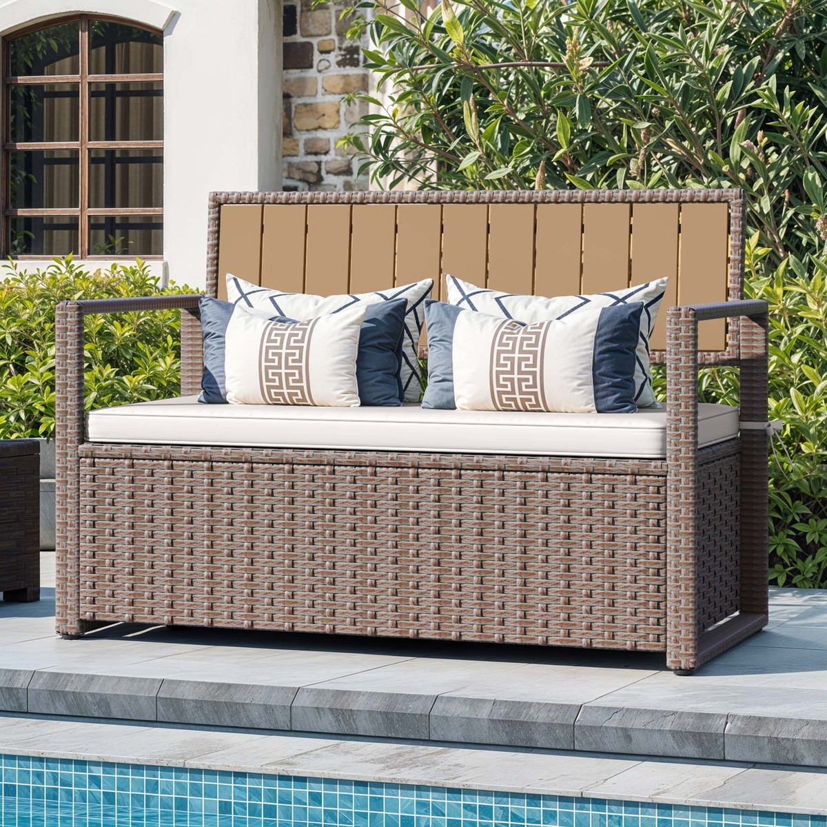 YINTATECH Outdoor Patio Furniture PE Rattan Storage Bench Deck Box