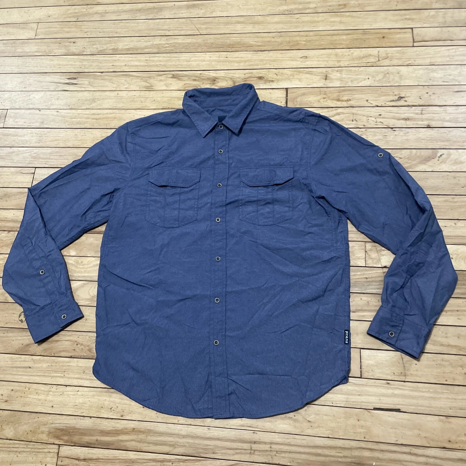 PRANA Hiking Shirt Men L Blue Roll Sleeve Outdoor Hike Active Performance Men L