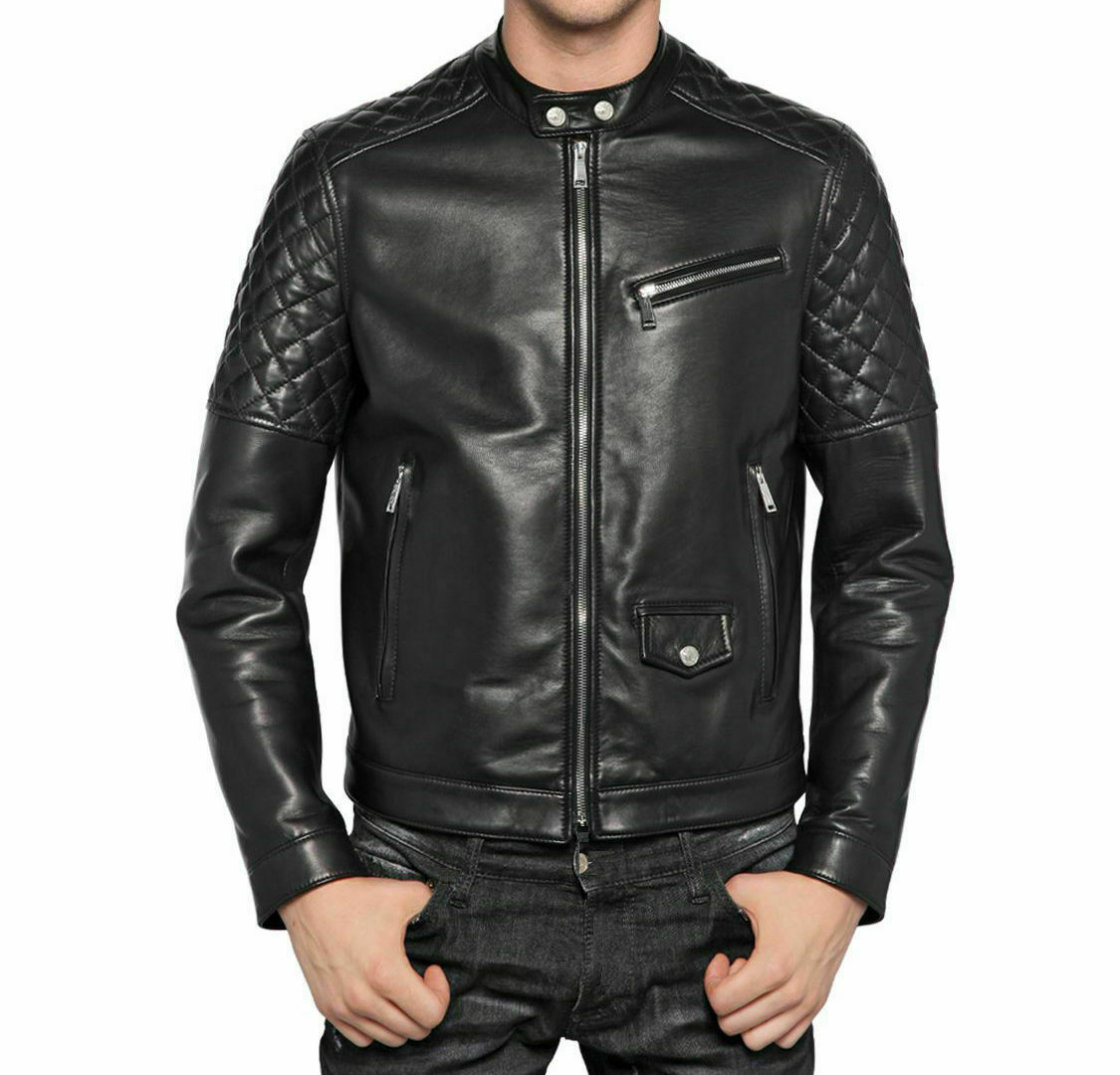 Men Black Quilted Lambskin Leather Jacket Stylish Designer Coat