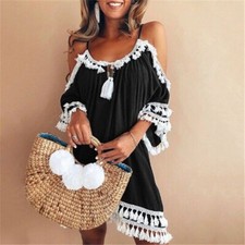 NWOT L Women Black Tassel Dress Loose Fit Off Shoulder Halter Dress