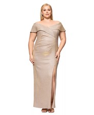 Xscape Plus Size Gown Gold Silver Metallic Glitter Off Shoulder 16W NWT $189
