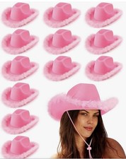 Mepase 12pc Pink Felt Cowboy/Western Hats Feather Trim Chin Strap One Size