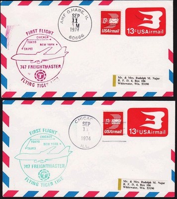   2x FLYING TIGER LINE 1974 ''Chicago - Tokio'' Erstflug AAMC FAM-25, J-1766 !! 