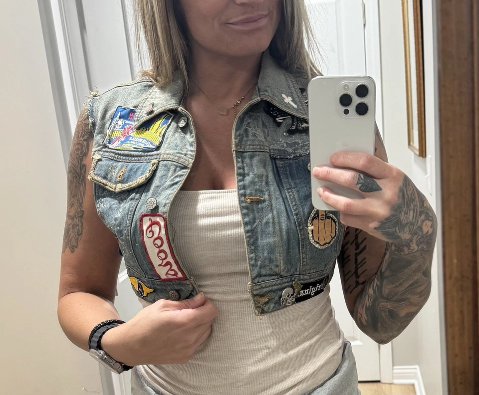 Chaleco Denim Vintage Indian Larry Talla Pequeña/Mediana Motociclista Harley Davidson Foto 3 de 4