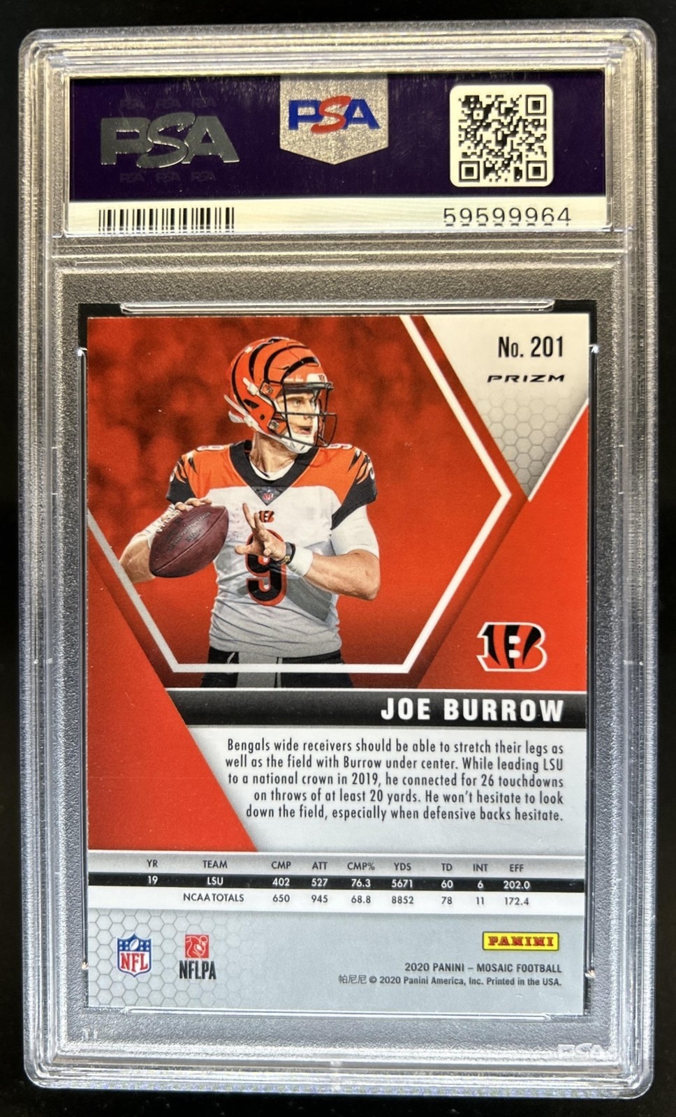 2020 Panini Mosaic Joe Burrow RC Prizm Camo Pink Rookie #201 Bengals PSA 9 view 2
