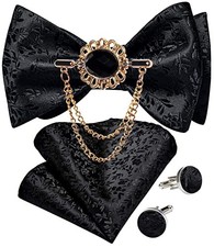 Paisley Floral Bow Tie Set with Lapel Pin Formal Wove Self Bow Tie Black