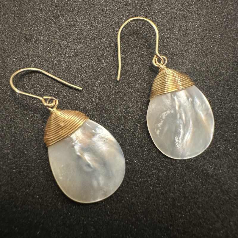 Handmade White Teardrop Pearl Shell Mop Hook Drop Earrings 14k gold 0.75” Long