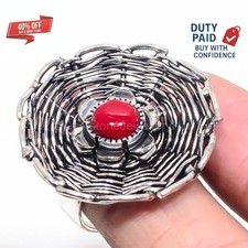 Christmas Deal 925 Silver Genuine Coral Statement Handmade Ring Jewelry Size 8.5