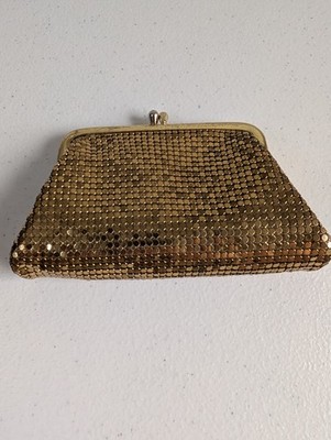 Vintage Whiting & Davis Gold Metal Mesh Kiss-Lock Coin Purse Clutch Made in USA