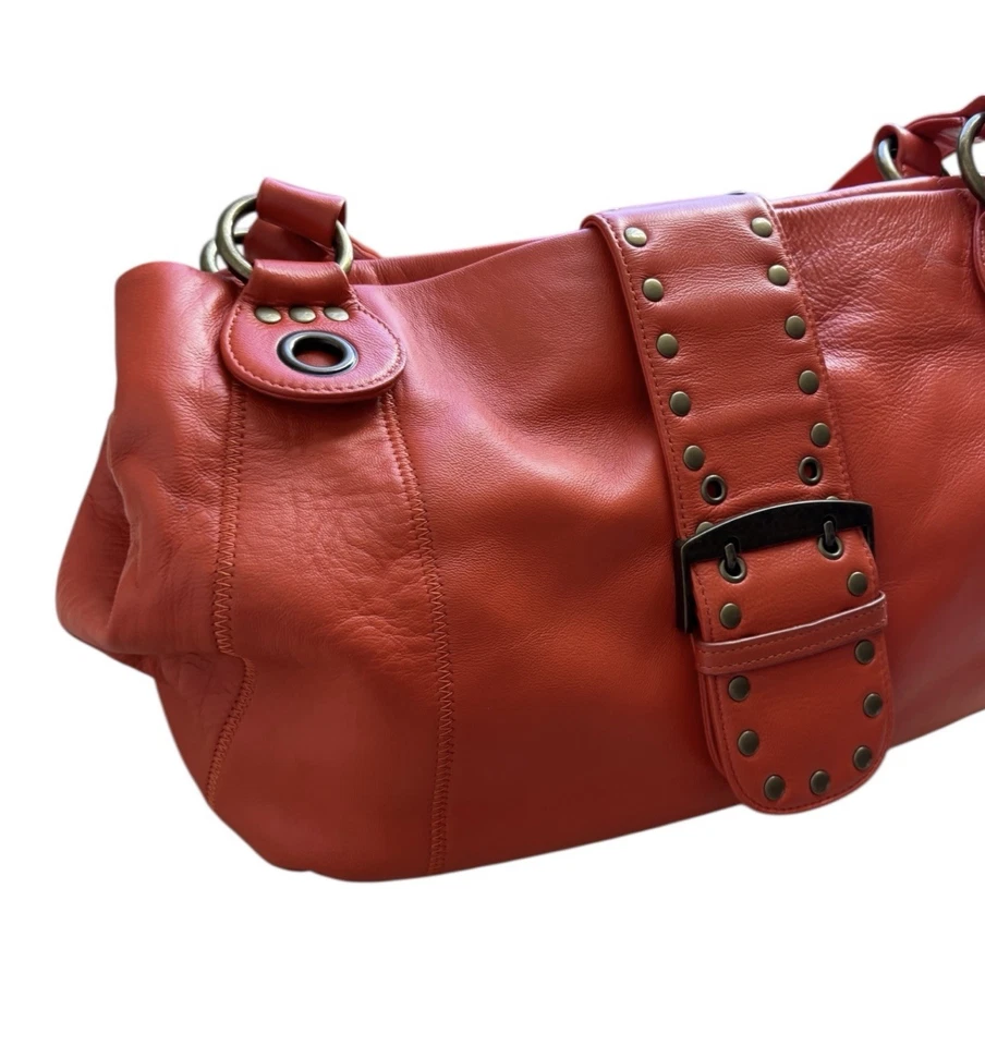 CHI by Falchi Boho Hobo Cartera Bolso de Hombro Tachonado Hebilla Cuero Naranja Y2K De Colección Foto 4 de 4