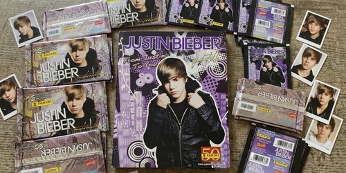 Justin bieber panini sticker 50 packs and album and 20 panini photocards