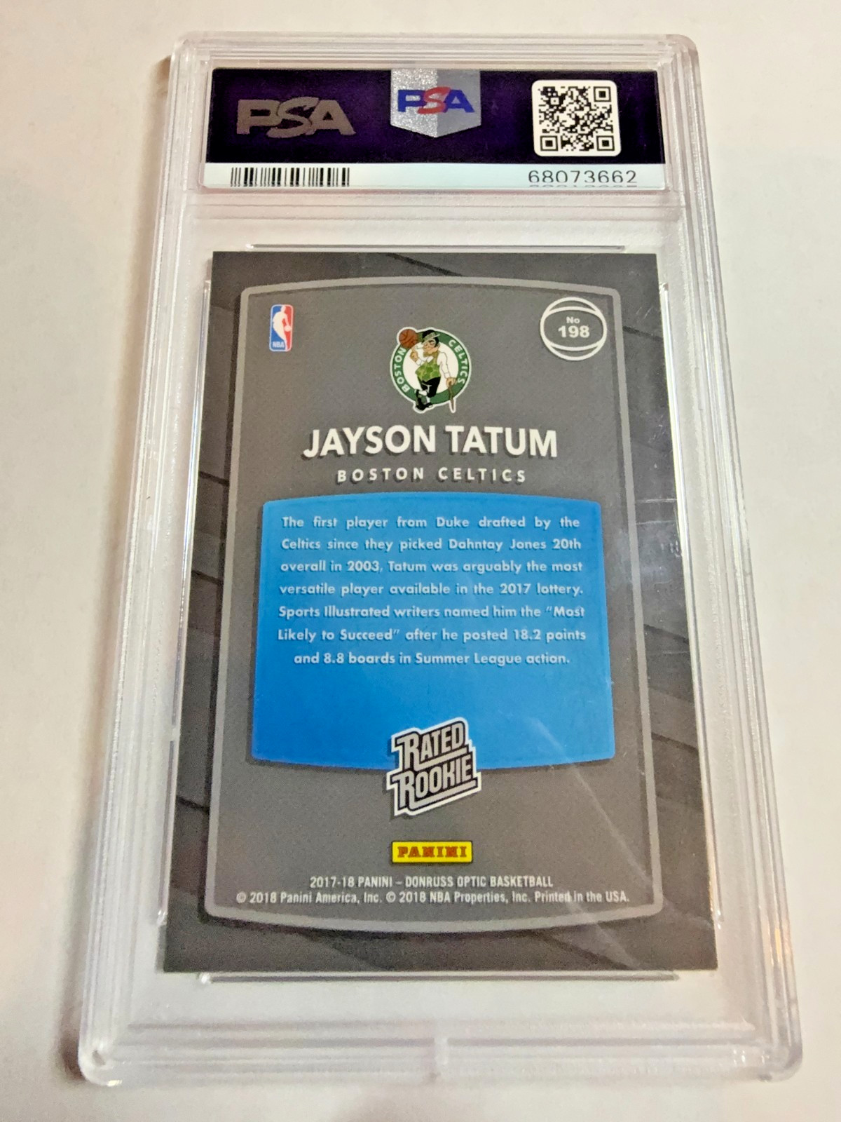 2017-18 Panini Donruss Optic Shock Jayson Tatum Rated Rookie RC PSA 9 #198 NBA view 2