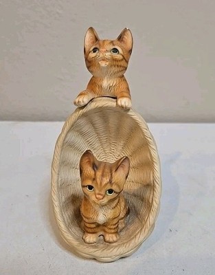 H. K. M. Takai 2 Cats & Basket Figurine 6'' Tall Made In Japan 