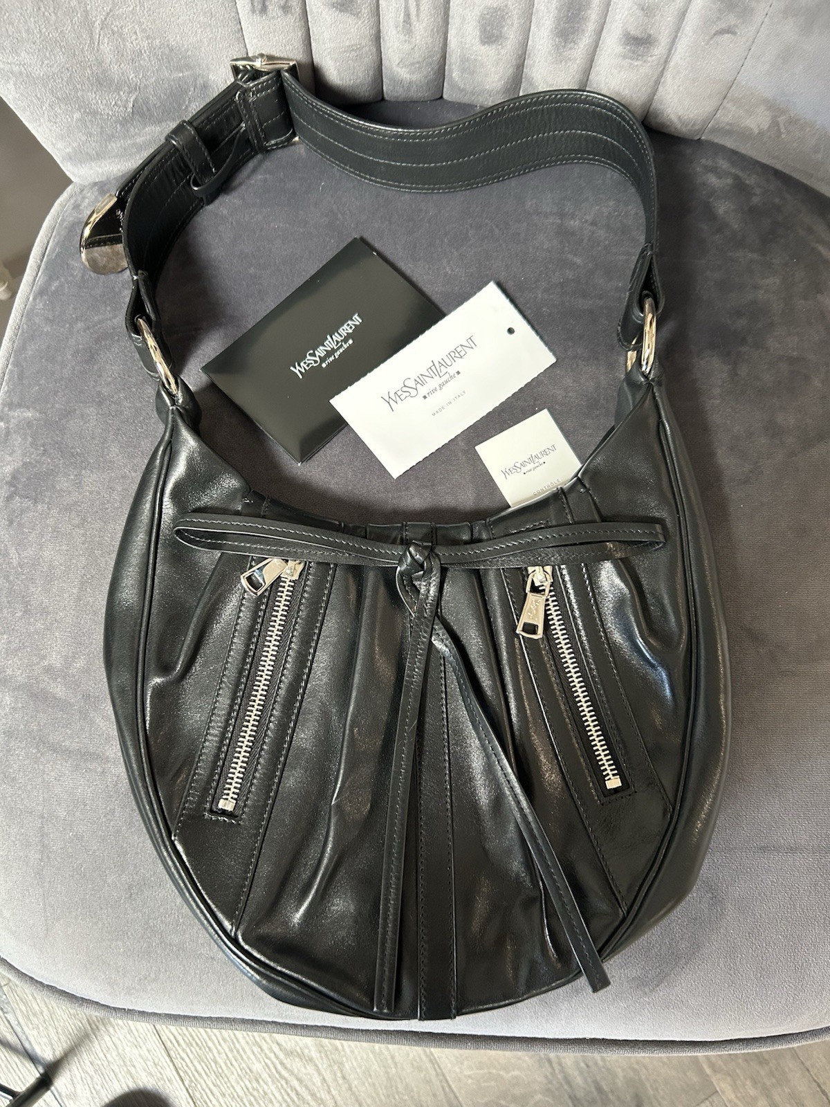 SAINT LAURENT Borsa da sera e dust bag YSL Rive Gauche in pelle nera mai indossata!