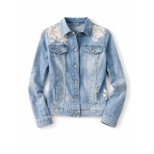 Chico  s Denim Jacket Size 1 Blue White Porcelain Print Lace Embroidered Boho